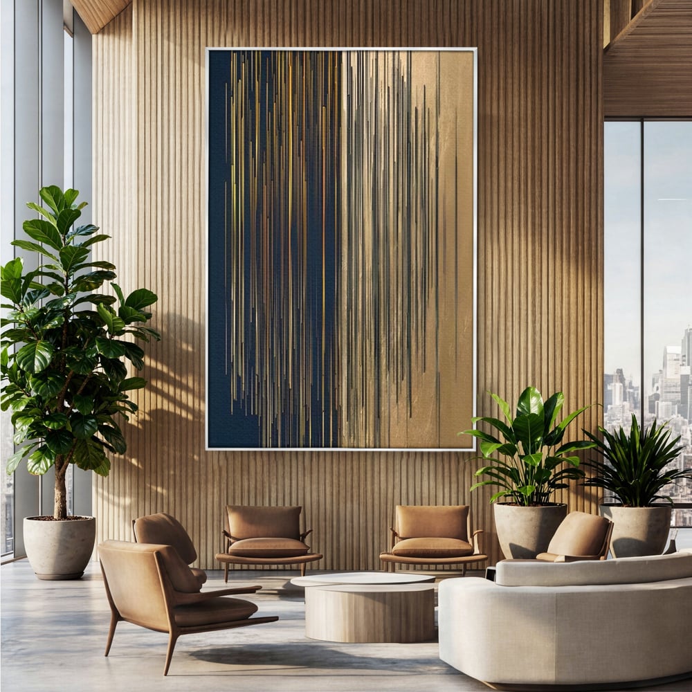 Tablou canvas cu tablou abstract cu linii verticale aurii, in rama de aluminiu argintiu, pe perete intr-un birou